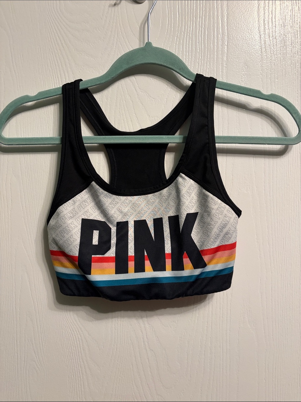 PINK Victoria's Secret Black & White Sports Top with Rainbow Stripes size XS